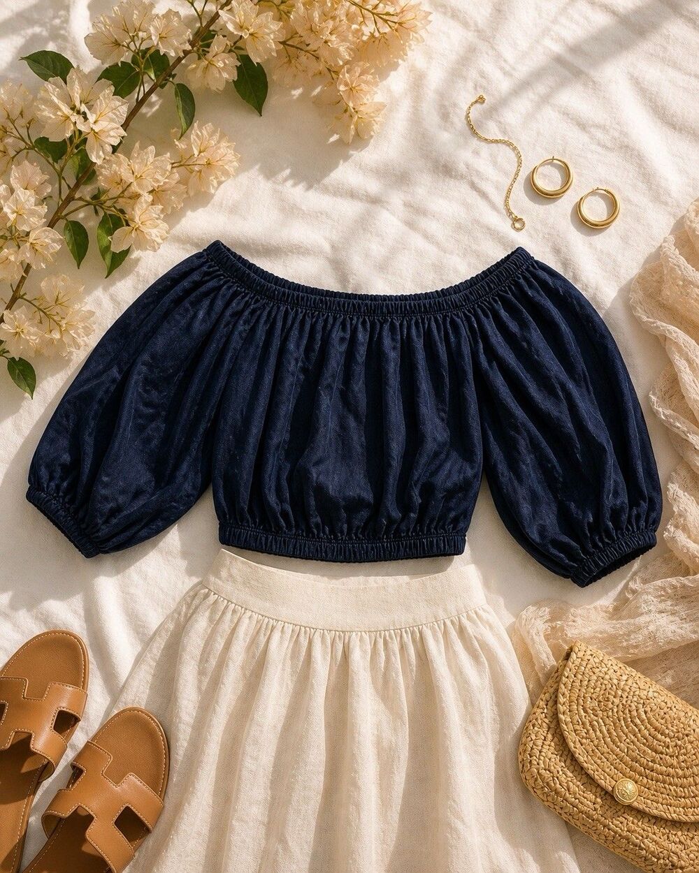 Denim Crop Top Off Shoulder Puff Sleeve Blue Tencel Boho Cooling Fabic Summer L